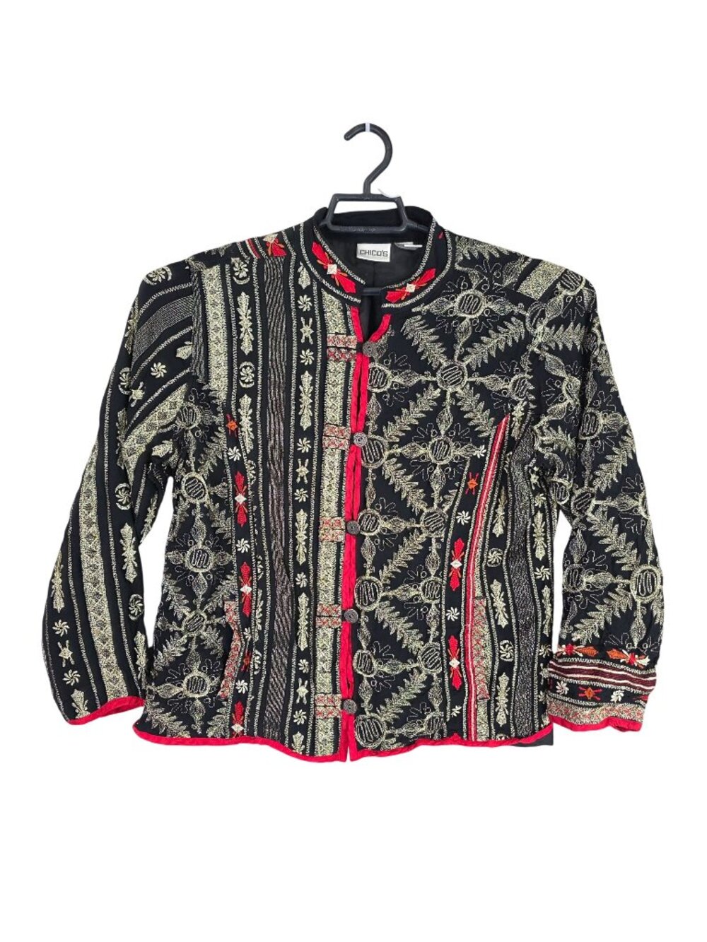 Womens Chicos Black & Gold Embroidered Jacket Red Accents Rayon Metallic Size 2